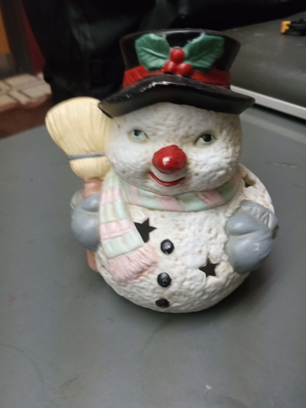 Holiday Snowman Figurine with Black Hat and Red Nose